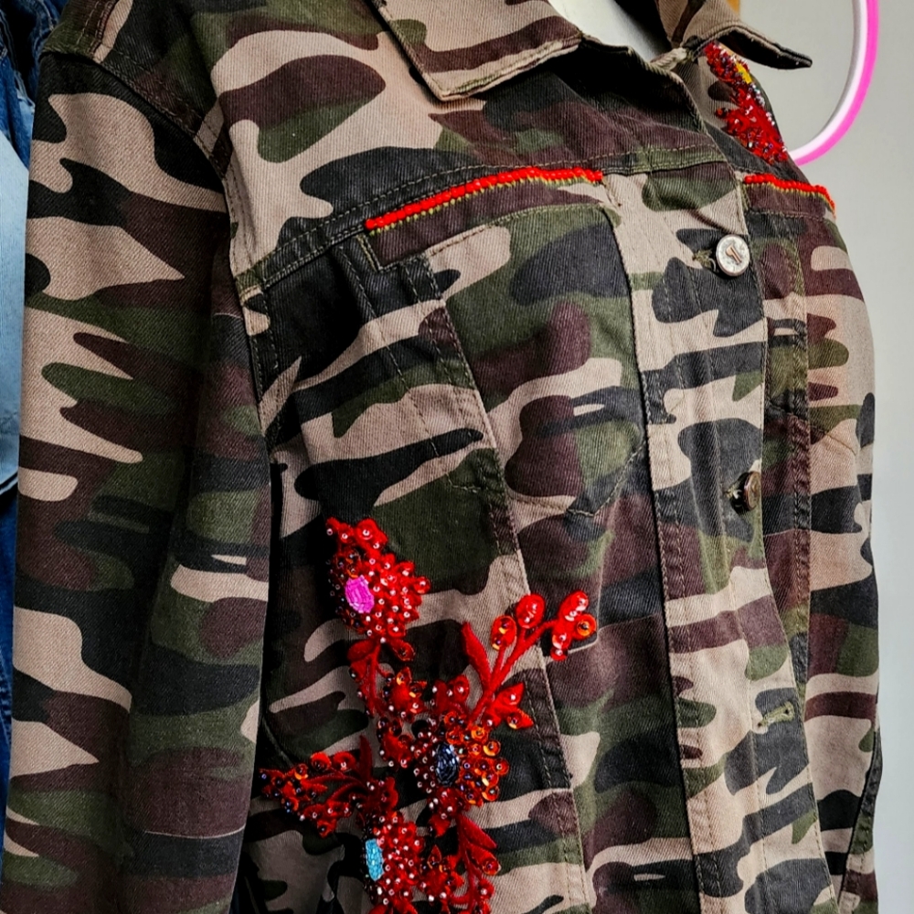 Camouflage Jacket with Red Beaded Accents